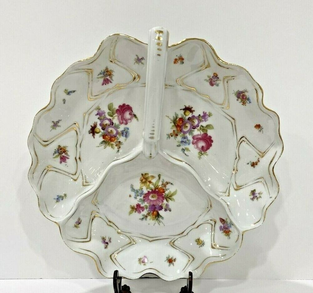 Vintage porcelain center handle server bowl 3-part vegie display white & floral